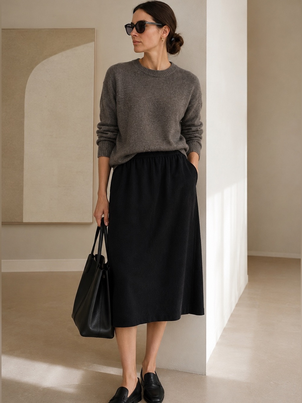 Christian Dior black lambswool sweater knit midi skirt pockets vintage S
